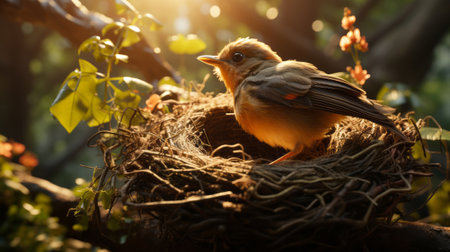 Birds nest on a tree. Generative AI.の素材