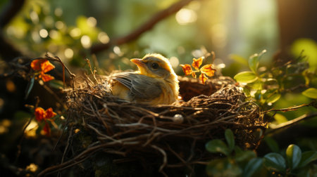 Birds nest on a tree. Generative AI.の素材