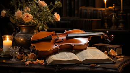 A violin and an open book on a table. Generative AI.の素材