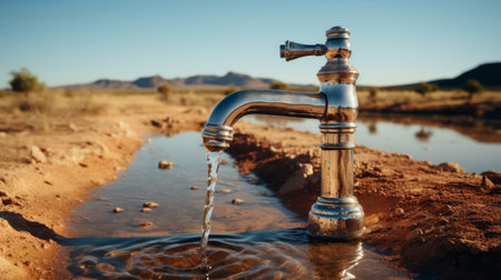 A lonely water tap in the desert. Generative AI.の素材