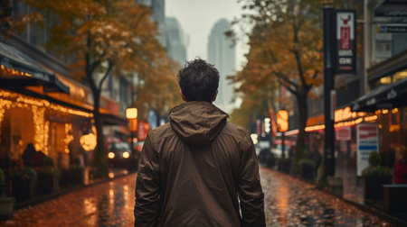 Man walking on roadside in urban city back view. Generative AI.の素材