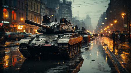 Military Tanks in the city. Generative AI.の素材