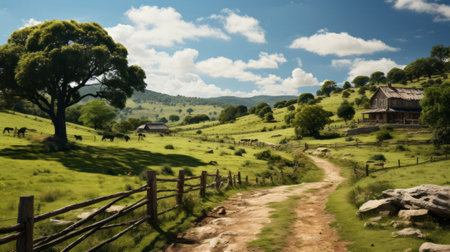 Pasture on A horse ranch with a house and fenceold. Generative AI.の素材