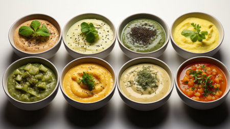 Set of types of soup in a bowl from above. Generative AI.の素材