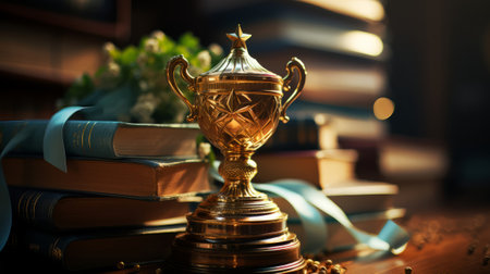 Stack of books with golden cup trophy and medal. Generative AI.の素材