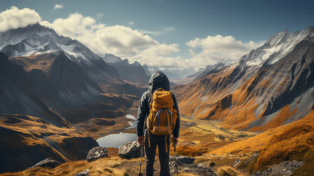 Unrecognizable traveler standing near mountain. Generative AI.の素材