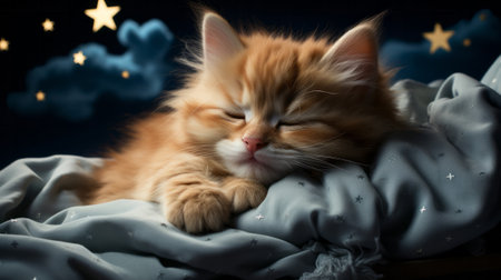 A cute and adorable kitten is sleeping under night sky. Generative AI.の素材