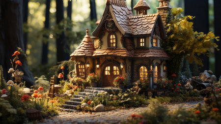 A fairytale-inspired cottage miniature. Generative AI.の素材