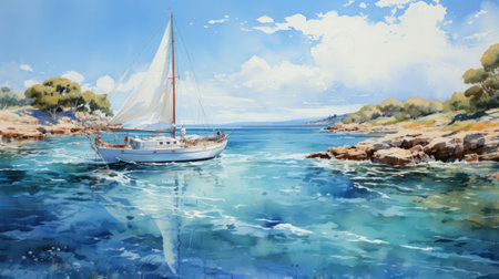 A sailing trip with a yacht and calm waters watercolor. Generative AI.の素材