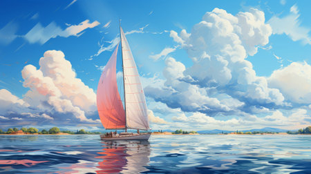 A sailing trip with a yacht and calm waters watercolor. Generative AI.の素材