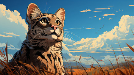 A Savannah cat looking over a vast savannah wallpaper. Generative AI.の素材