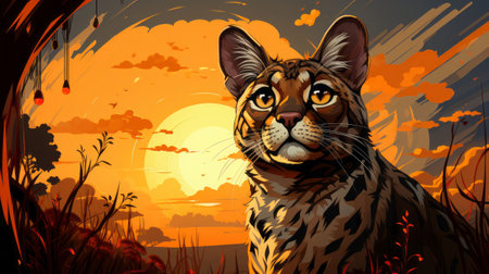 A Savannah cat looking over a vast savannah wallpaper. Generative AI.の素材