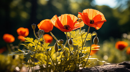 Artistic picture of close up poppy flower in meadow. Generative AI.の素材