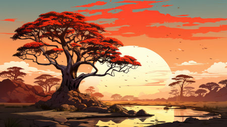 Baobab tree modern graphic design on light background. Generative AI.の素材