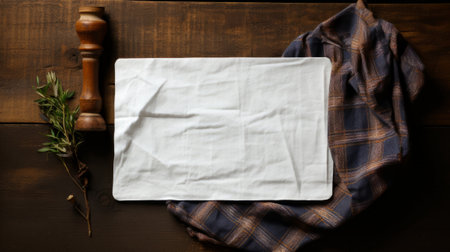 Blank postcard lying on a textured fabric. Generative AI.の素材