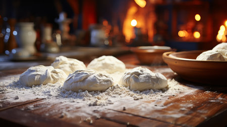 Blurred kitchen countertops with a rolling pin. Generative AI.の素材