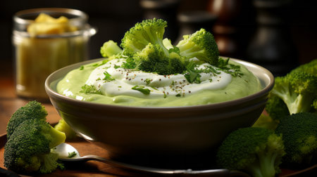 Bowl of Broccoli Soup close-up. Generative AI.の素材