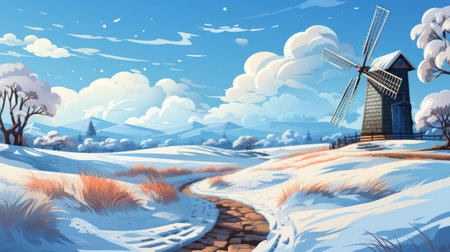 Cartoon windmill in snow in winter as sustainable. Generative AI.の素材
