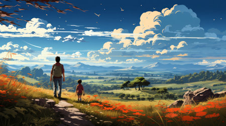 Colorful Fathers Day illustration of kid holding father. Generative AI.の素材