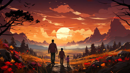 Colorful Fathers Day illustration of kid holding father. Generative AI.の素材