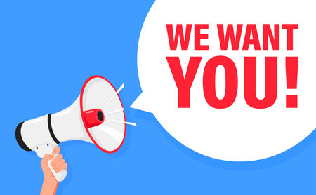 We want you. Hand hold megaphone speaker for announce. Attention please. Shouting people, advertisement speech symbolのイラスト素材