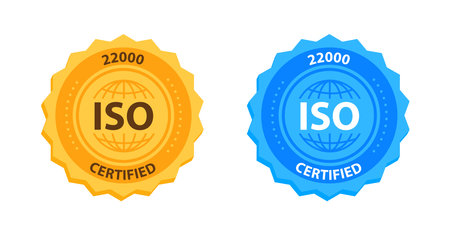 ISO 22000 Quality Management Certification Badge Gold and blue. Vector illustrationのイラスト素材