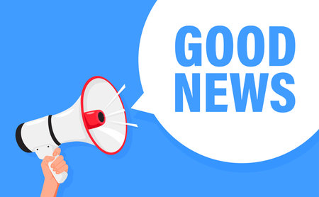 Good news. Hand hold megaphone speaker for announce. Attention please. Shouting people, advertisement speech symbolのイラスト素材