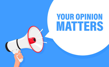 Your opinion matters. Hand hold megaphone speaker for announce. Attention please. Shouting people, advertisement speech symbolのイラスト素材