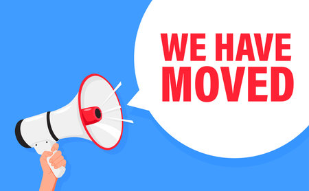 We Have Moved. Hand hold megaphone speaker for announce. Attention please. Shouting people, advertisement speech symbolのイラスト素材