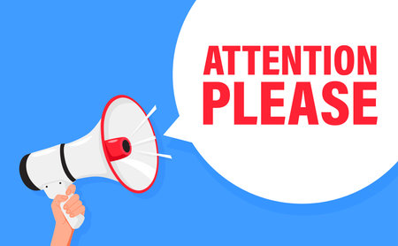 Attention please. Hand hold megaphone speaker for announce. Attention please. Shouting people, advertisement speech symbolのイラスト素材