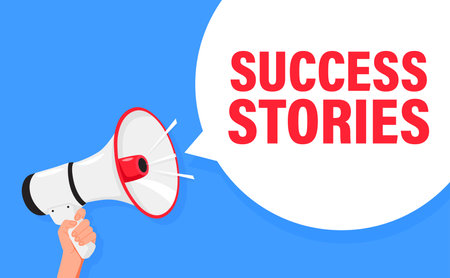Success stories. Hand hold megaphone speaker for announce. Attention please. Shouting people, advertisement speech symbolのイラスト素材