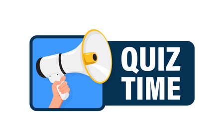 Quiz time. Hand hold megaphone speaker for announce. Attention please. Shouting people, advertisement speech symbolのイラスト素材