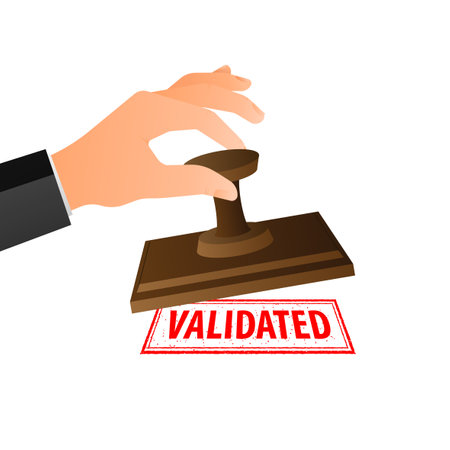 Hand is stamping a red seal that says Validated. Grunge vintage Validated square stampのイラスト素材