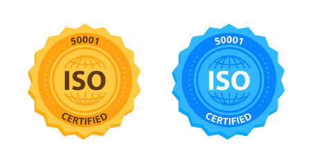 ISO 50001 Quality Management Certification Badge Gold and blue. Vector illustrationのイラスト素材