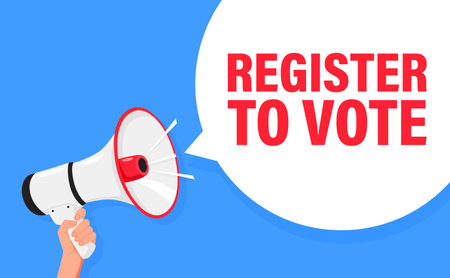 Register to Vote. Hand hold megaphone speaker for announce. Attention please. Shouting people, advertisement speech symbolのイラスト素材