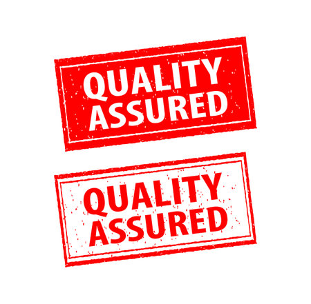 Quality Assured are written on red and white stamps. Grunge vintage Quality Assured square stampのイラスト素材