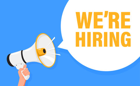 We are hiring. Hand hold megaphone speaker for announce. Attention please. Shouting people, advertisement speech symbolのイラスト素材