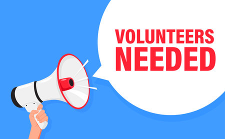 Volunteers needed. Hand hold megaphone speaker for announce. Attention please. Shouting people, advertisement speech symbolのイラスト素材