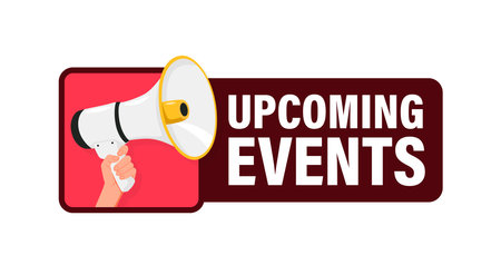 Upcoming events. Hand hold megaphone speaker for announce. Attention please. Shouting people, advertisement speech symbolのイラスト素材