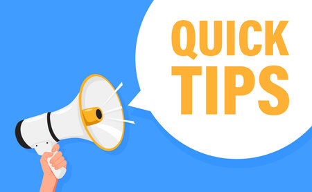 Quick tips. Hand hold megaphone speaker for announce. Attention please. Shouting people, advertisement speech symbolのイラスト素材
