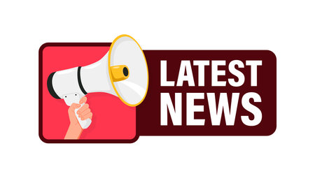 Latest news. Hand hold megaphone speaker for announce. Attention please. Shouting people, advertisement speech symbolのイラスト素材