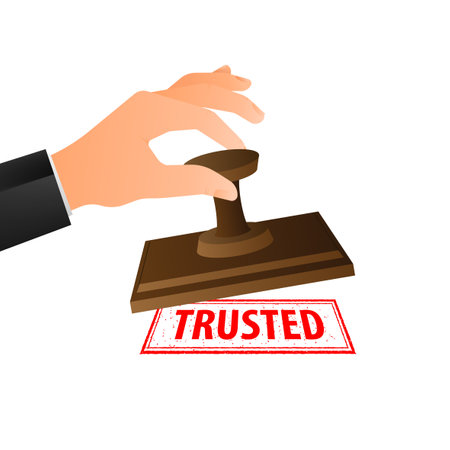 Hand is stamping a red seal that says Trusted. Grunge vintage Trusted square stampのイラスト素材