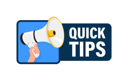Quick tips. Hand hold megaphone speaker for announce. Attention please. Shouting people, advertisement speech symbolのイラスト素材
