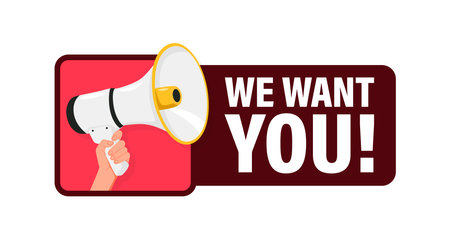 We want you. Hand hold megaphone speaker for announce. Attention please. Shouting people, advertisement speech symbolのイラスト素材