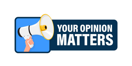 Your opinion matters. Hand hold megaphone speaker for announce. Attention please. Shouting people, advertisement speech symbolのイラスト素材