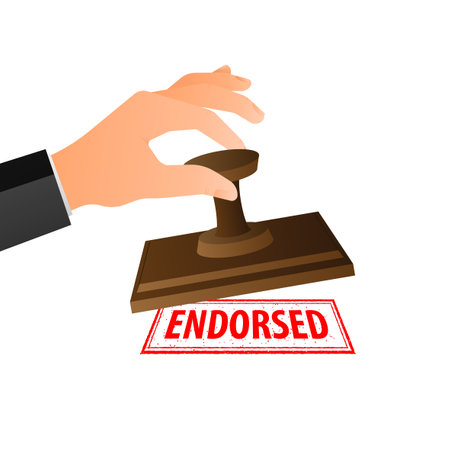 Hand is stamping a red seal that says Endorsed. Grunge vintage Endorsed square stampのイラスト素材