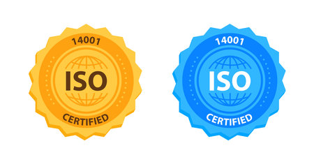 ISO 14001 Quality Management Certification Badge Gold and blue. Vector illustrationのイラスト素材