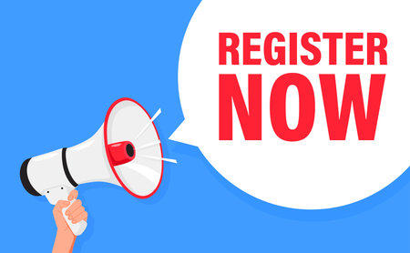 Register to Vote. Hand hold megaphone speaker for announce. Attention please. Shouting people, advertisement speech symbolのイラスト素材