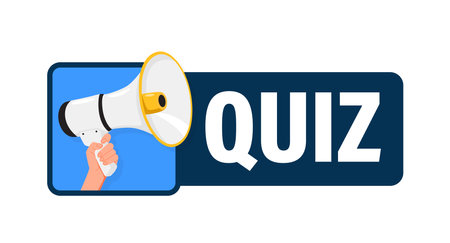 Quiz. Hand hold megaphone speaker for announce. Attention please. Shouting people, advertisement speech symbolのイラスト素材