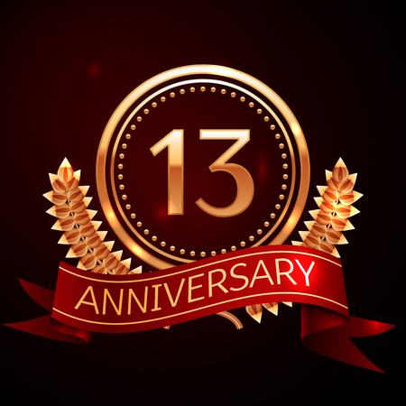 Thirteen years anniversary celebration with golden ring and ribbon.のイラスト素材